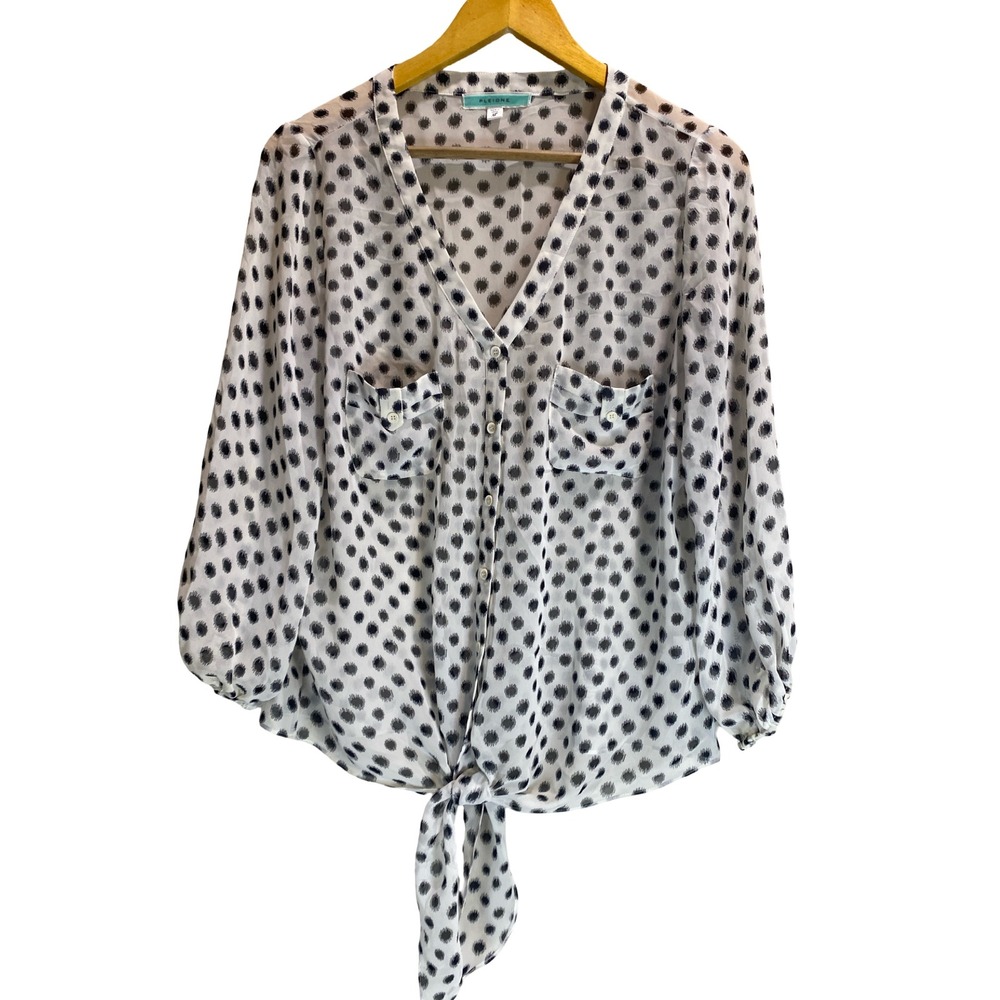 Pleione Womens‎ XL Polka Dot Ikat Tie Front Button Down Blouse White Black  Work
